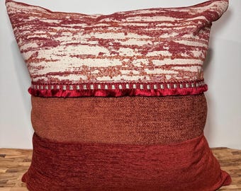 Red Rust Ivory Chenille Modern Color Block Pillow Cover with Red Fringe