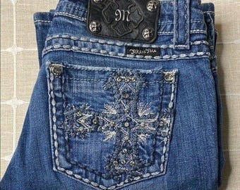 Womens Miss Me Bootcut Jeans Embellished Pockets Rhinestones Denim Studded Sz 28