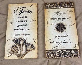 Set di 2 targhe decorative da parete con citazione di George Santayana, famiglia, natura, fiori, arte