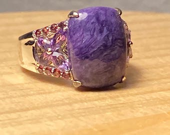 Anello con ametista e granato Charoite, misura 9, in argento Sterling 925, con motivo floreale, nuovo