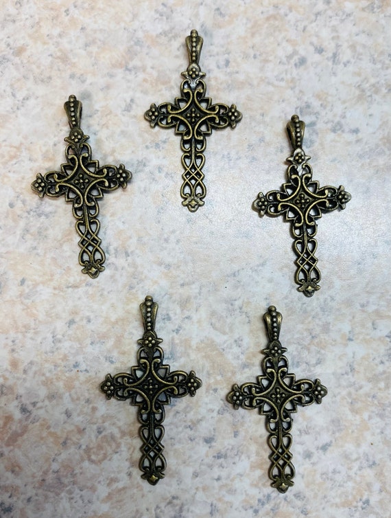 Bronze Crosses, Set of 5 for Jewelry Making, Crafts, Charms, Wholesale 