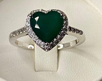 Anello di fidanzamento in argento sterling con cuore in onice verde e zircone bianco, 0,62 carati, JTV, taglia 12