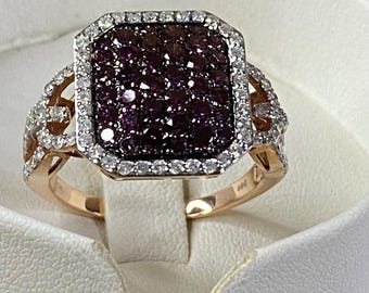 RARO* Anello in oro rosa 10k con diamanti viola e bianchi, lussuoso, 2,00 carati, misura 10