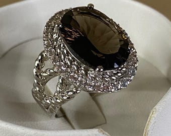 Anello in argento sterling con quarzo fumé e zircone bianco, stile cocktail, taglia 9