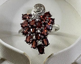 Anello da cocktail in argento con grappolo d'uva e granato, autentico, da donna, 3,71 carati, taglia 8, nuovo