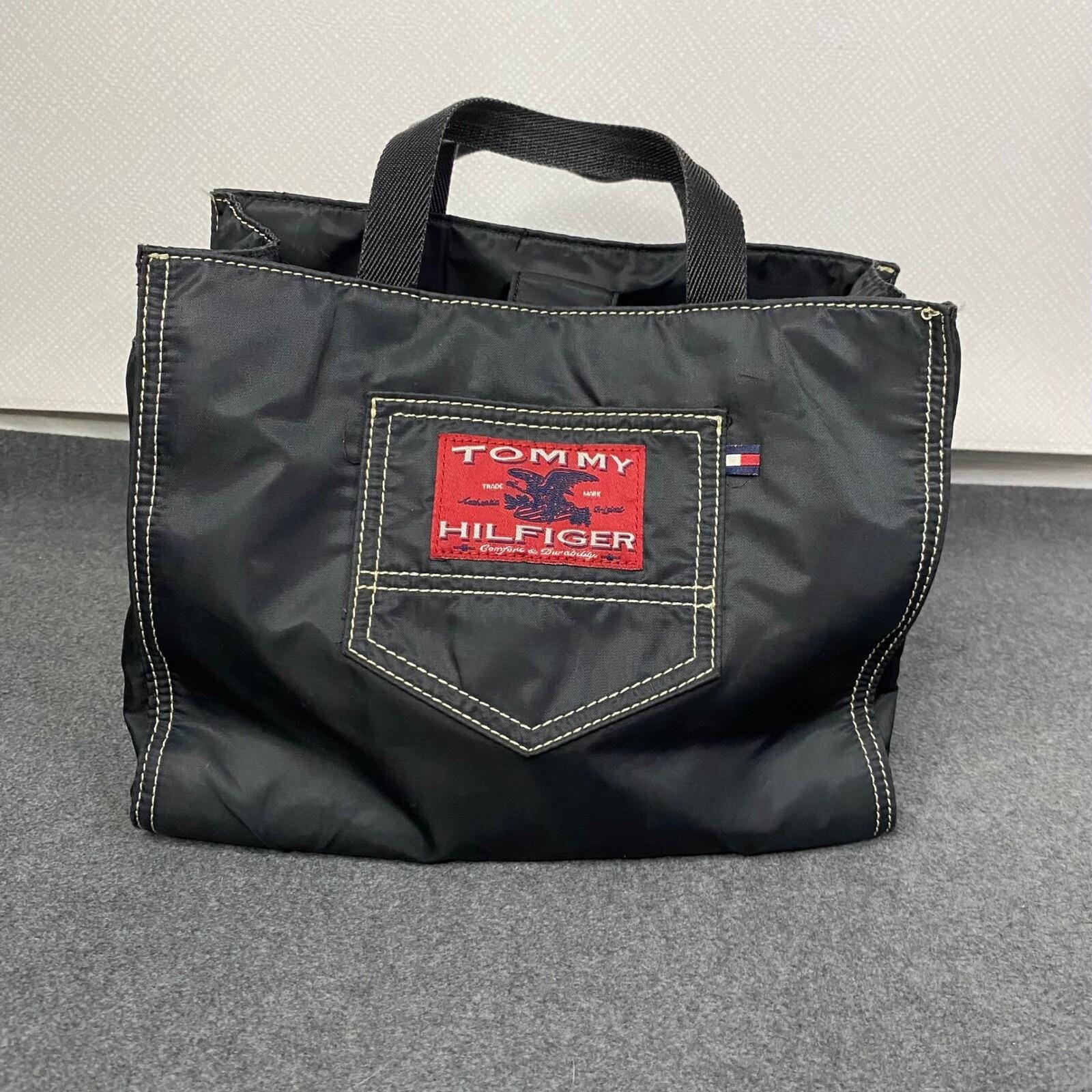Tommy Hilfiger Tote Bag Black Nylon Travel Casual Purse Handbag Vintage EUC