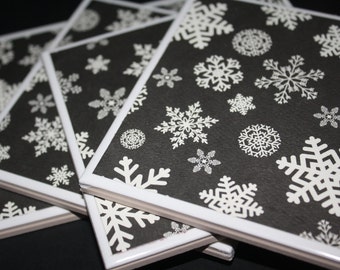 Distressed black snowflake print, ceramic tile, drink coasters! Set of 4! Hostess or holiday gift! Amazing minimalist decor for the winter!