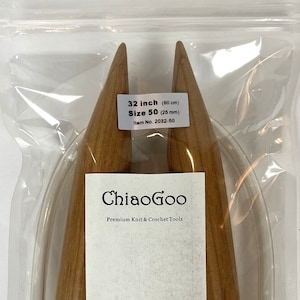 May include: A pair of 32-inch (80 cm) wooden knitting needles in size 50 (25 mm) by ChiaoGoo. The needles are packaged in a clear plastic bag with a white label that says "ChiaoGoo Premium Knit & Crochet Tools".