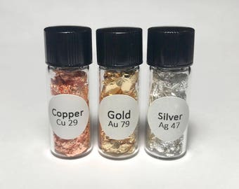 Gold, Silber, Kupferfolie 99,99% rein Gruppe 11 Natürliche Elemente Chemie Probe