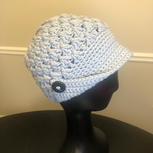 Handmade crochet newsboy peak cap with button detail -light gray