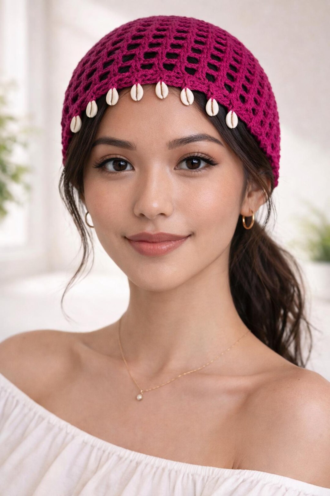 Handmade Cotton Fishnet Beanie: Boho Cowrie Shell Hat - Etsy