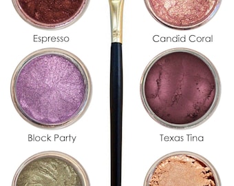 BRUINE OGEN Bundel 7-delig natuurlijke high-end losse oogschaduw + penseel Pigmentglans Gluten- en chemicaliënvrije cosmetica van Ultimo Minerals