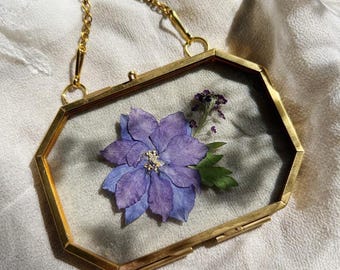 botanical art, real pressed flowers, vintage inspired, brass frame