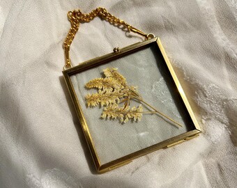 Arte botánico, arte con flores prensadas, preservación floral, flores prensadas auténticas, inspiración vintage, flores secas, marco de latón.