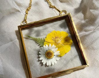 botanical art, real pressed flowers, vintage inspired, brass frame