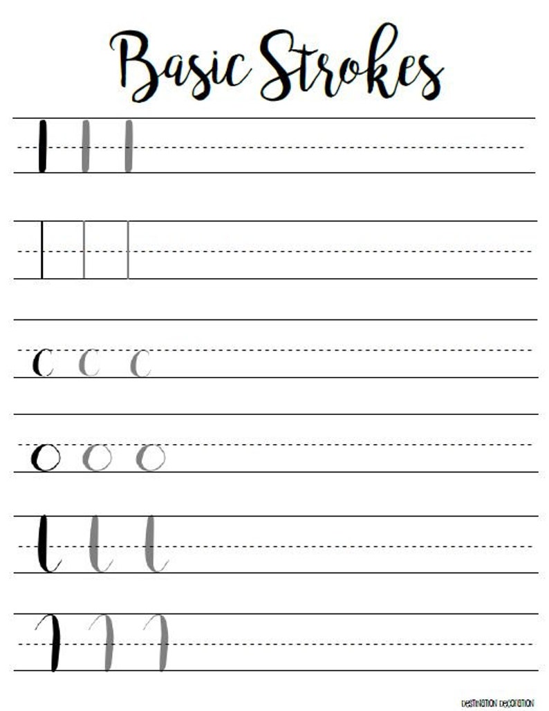brush lettering practice worksheets basic strokes basic etsy