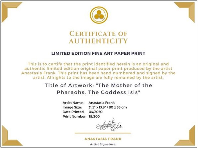Pu&ograve; includere: Certificato di autenticit&agrave; per una stampa d'arte su carta in edizione limitata di "La Madre dei Faraoni. La Dea Iside" di Anastasia Frank. La stampa misura 80 cm x 35 cm (31,5 pollici x 13,8 pollici). &Egrave; stata stampata il 04/2020 ed &egrave; la numero 18/200.
