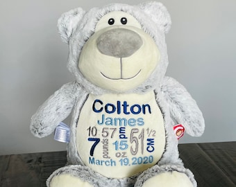 Personalized Bear, Custom Birth Stats Teddy Bear, Rainbow Baby Gift, Embroidered Bear, Baby Birth Stats Gift, Grey Bear Baptism Gift Canada