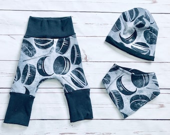 Hockey Baby Outfit, 3 Piece Baby Hockey Set, Black Grey Hockey Outfit for Baby, Hockey Grow With Me Pants, Hockey Bib, Hockey Baby Beanie