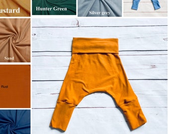 Neutral Baby Pants, Gender Neutral Grow With Me Pants, Solid Colour Toddler Pants, Baby Harem Pants, Grey, Green, Blue, Rust, Pink Canada