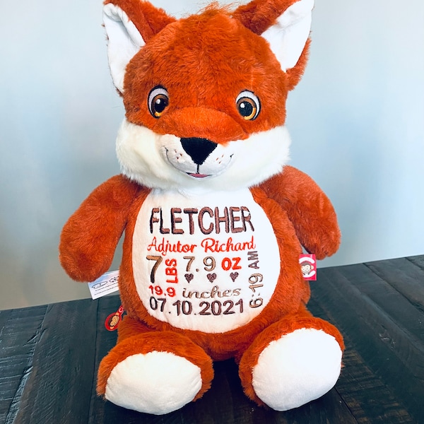 Personalized Fox, Custom Birth Stats Fox Stuffy, Woodland Baby Gift, Embroidered Fox, Baby Birth Stats Gift, Fox Baptism Gift Canada