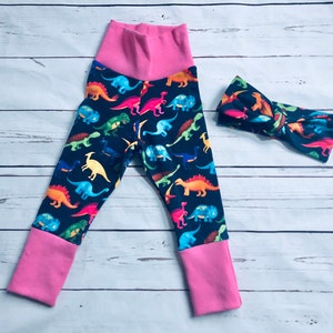 May include: A pair of blue leggings with a colorful dinosaur print and pink cuffs. A matching pink headband with a dinosaur print is also included.
