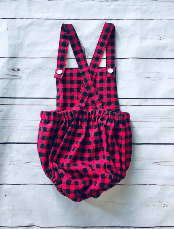 Red Buffalo Plaid Baby Romper, Gender Neutral Baby Romper, Overall