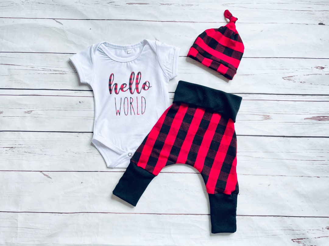 Red Plaid Coming Home From Hospital Outfit, Hello World Baby Outfit ...