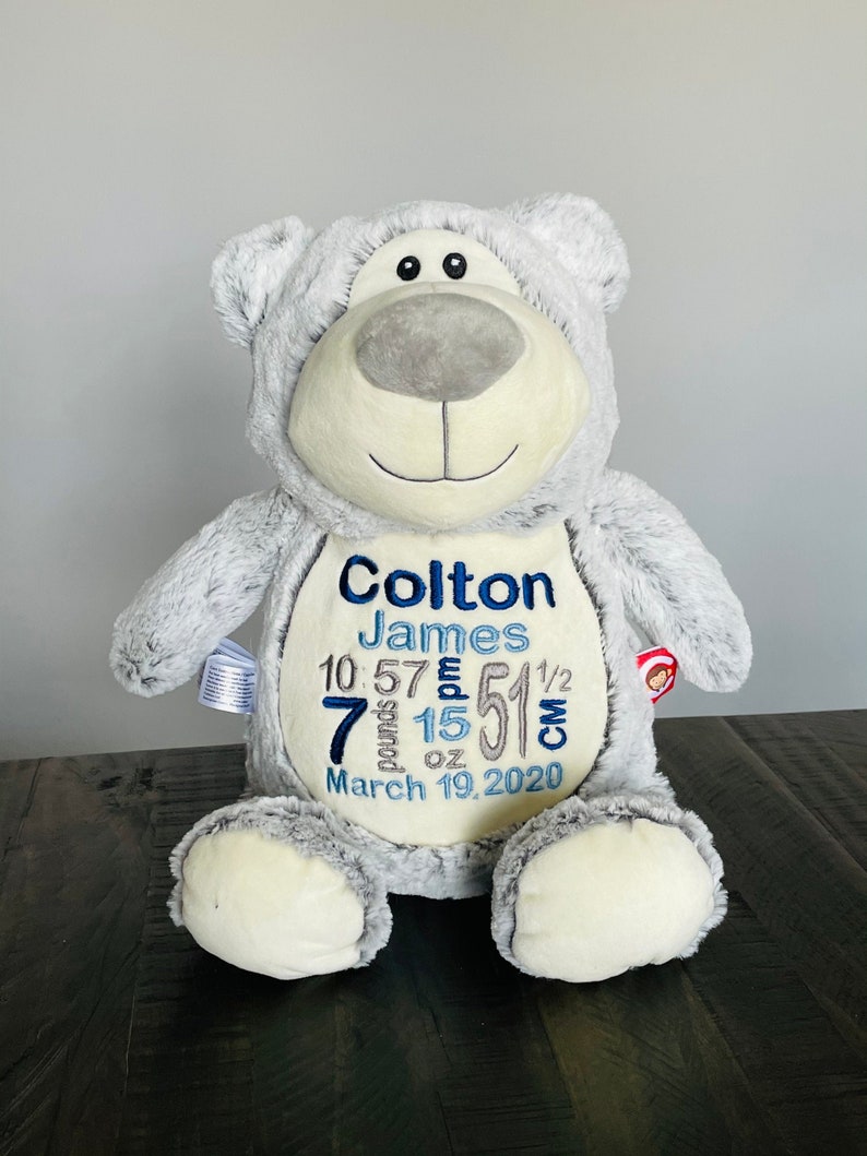 Personalized Bear, Custom Birth Stats Teddy Bear, Rainbow Baby Gift, Embroidered Bear, Baby Birth Stats Gift, Bear Baptism Gift Canada Grey