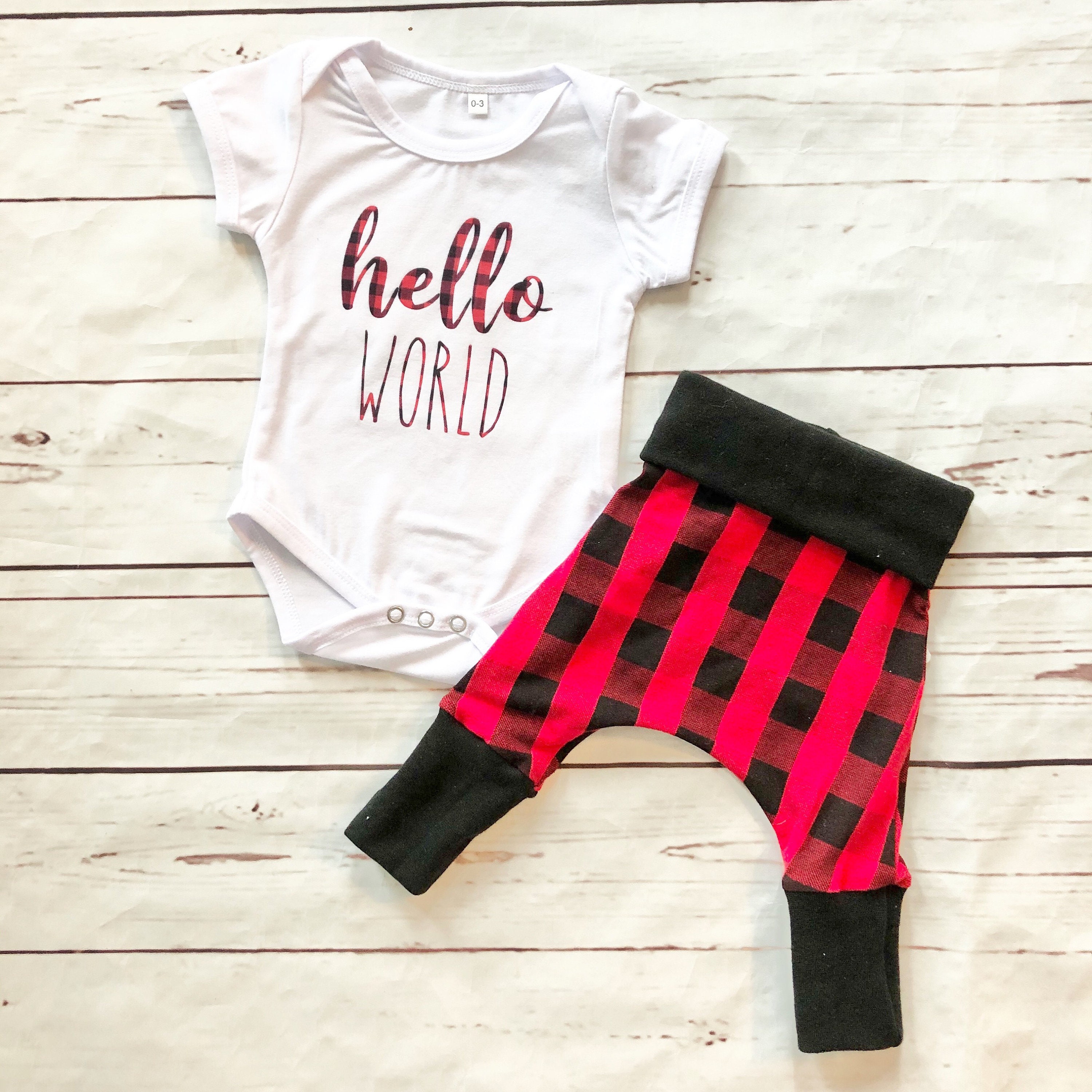 Red Plaid Coming Home From Hospital Outfit, Hello World Baby Outfit ...