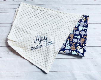 Personalized Whale Baby Blanket – Navy Blue Whale Minky Blanket for Toddler, Soft Ocean Nursery Decor, Handmade Baby Gift, Made in Canada