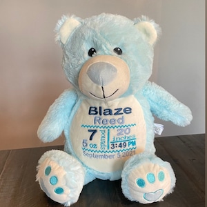 Personalized Bear, Custom Birth Stats Teddy Bear, Rainbow Baby Gift, Embroidered Bear, Baby Birth Stats Gift, Bear Baptism Gift Canada Blue