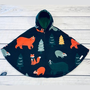 Woodland Car Seat Poncho, Neutral Car Seat Safe Poncho with Zipper, Hood, Black Baby Poncho, Animal Car Seat Cover, Fleece Poncho Canada