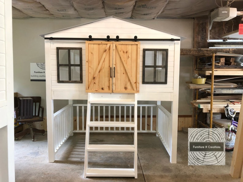 Twin Full Size Farmhouse Barn Door Loft Bed with stairs Etsy