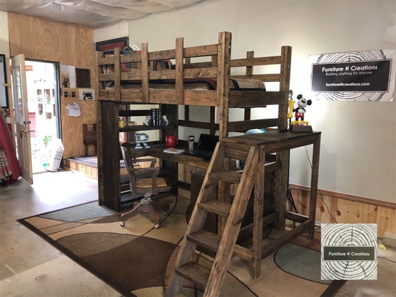 wooden loft bed with desk