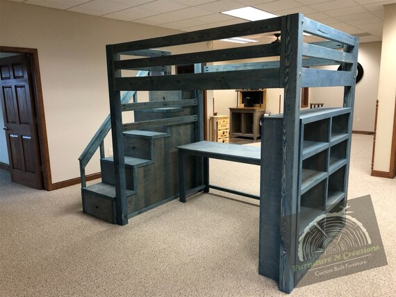 Loft Bed With Storage Stairs No Railing, Full Loft Bed With Storage And Desk