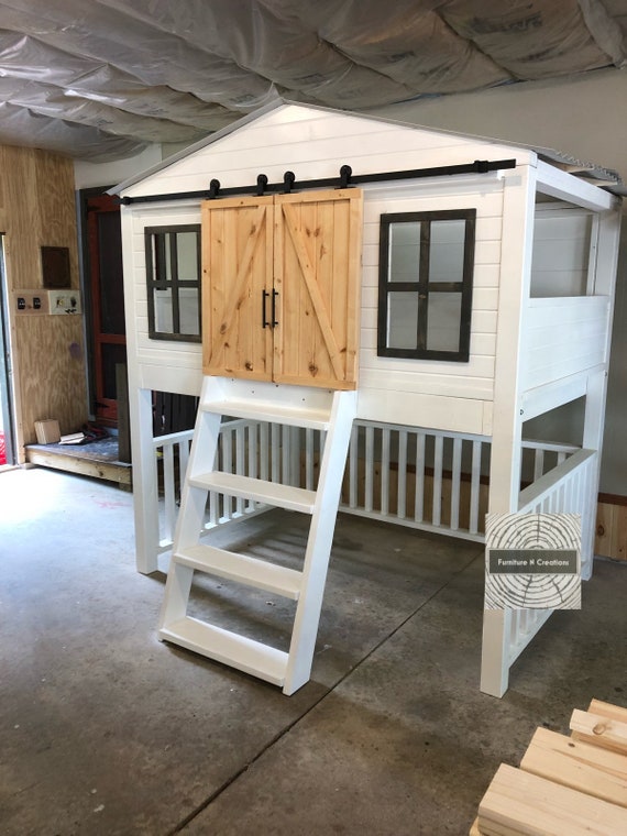 Full Size Farmhouse Barn Door Loft Bed With Stairs Kids Image 0