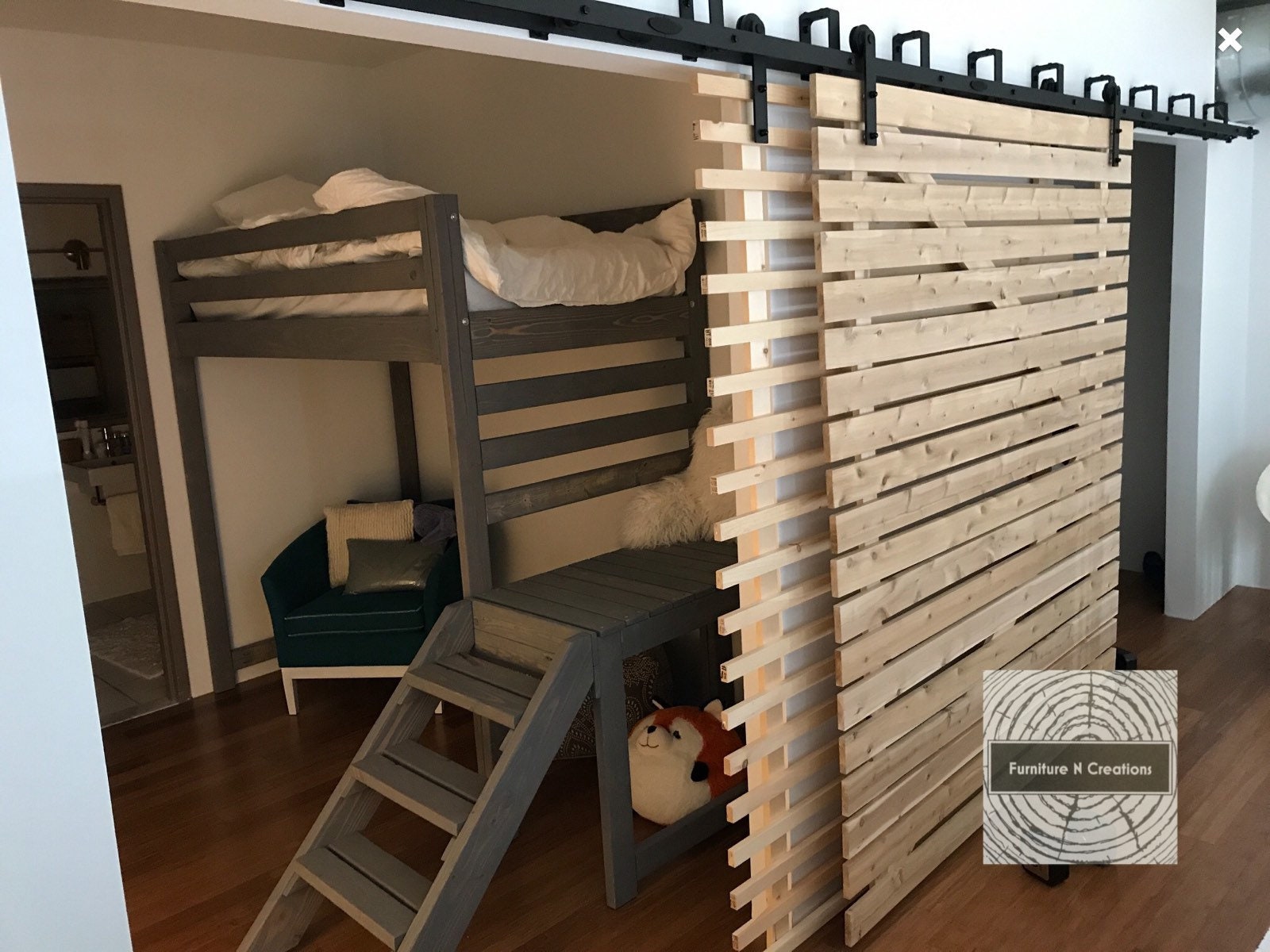 Twin Rustic Chic Loft Bed With Stairs, Dorm Room Bunk Bed Ladders
