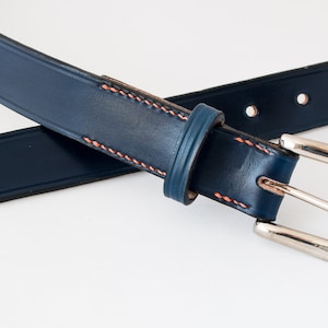 Royal Blue Leather Belt Hand Stitched 1 1/4&quot; Wide - Bristol Buckle Nickel Plated