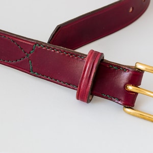 Burgundy Leather Belt Hand Stitched 1 1/4" Wide with Fancy Stitching - Bristol Brass Buckle