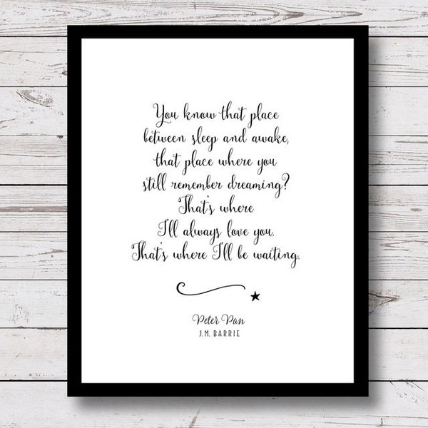 Peter Pan, Printable Quote, Dream, Love, inspirational quote, Kids Room Wall Art, Instant Download, Black and White Prints, Nursery Decor