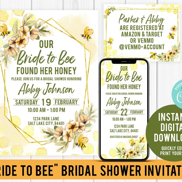 Braut zur Bee Hochzeitsparty Einladung | Honigbiene Hochzeitsparty | Digitaler Download DIY Einladung | Editierbare Vorlage Corjl | Evite