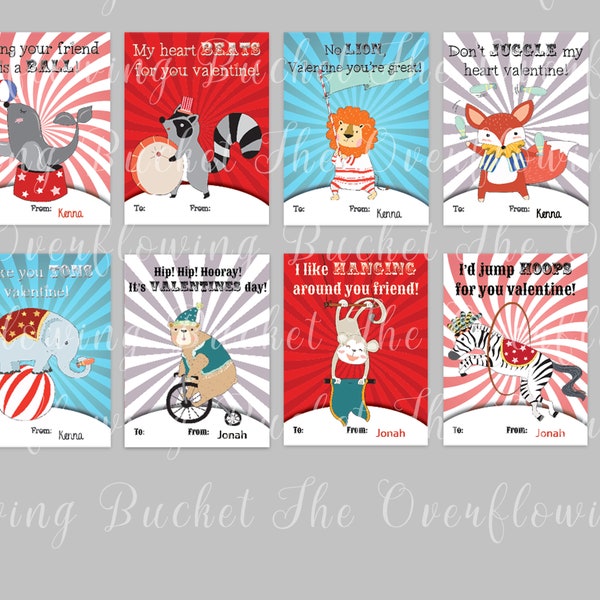 Kids Valentine Cards - Circus Themed Set - Instant Digital Download - Includes 8 Designs - Print as many as you want!