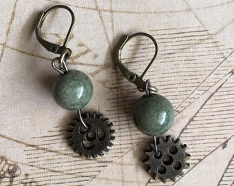 Jade and Gears Drop Earrings