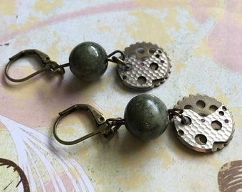 Jade and Gears Drop Earrings