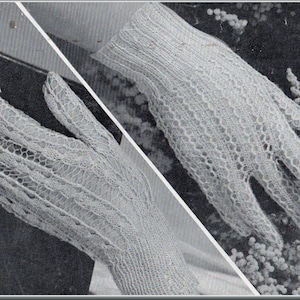 May include: A pair of white lace gloves with a delicate pattern. The gloves are shown in two different positions, one with the hand extended and the other with the hand closed.