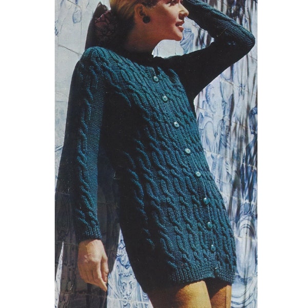 Ladies PDF Knitting Pattern Aran long Jacket/Cardigan with Cables 31-38" in English 811