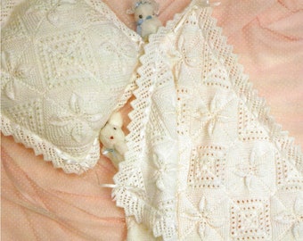 Baby Blanket and Cushion Pram Cover Knitting Pattern in DK yarn  Heirloom Vintage squares PDF 338