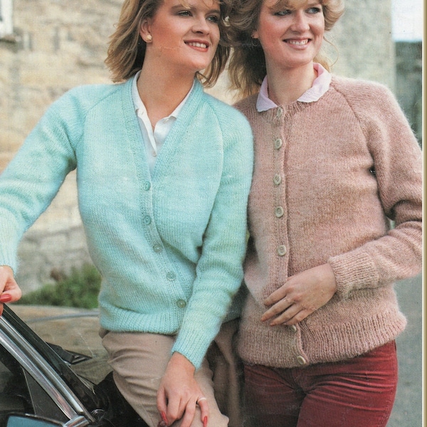 Ladies Easy Knit Cardigans with Raglan Sleeves Knitting Pattern DK 30-42" PDF in English  1383