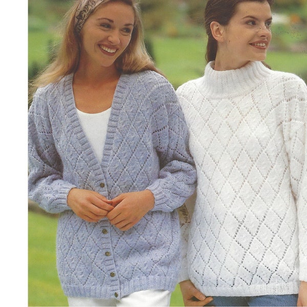 Ladies Cardigan and Sweater PDF Knitting Pattern Diamond Lace detail DK 28-44" English Pattern 980